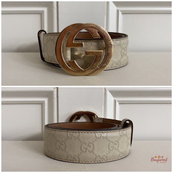 Authentic Gucci Cream Guccissima Leather Gold Interlocking G Buckle Belt 85/34 - Picture 3 of 13